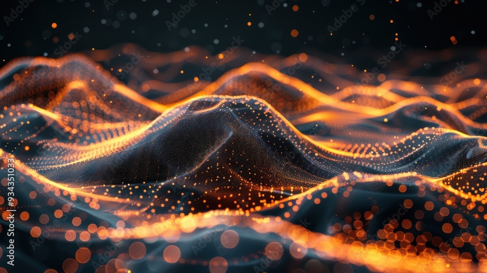 Poster Generate a high-resolution abstract scene featuring a black background with wave-like patterns of orange dots and lines over mountains, with a contrasting white backdrop