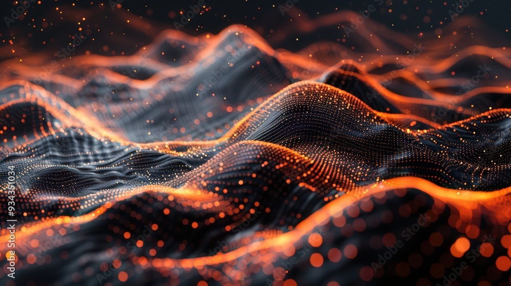 Poster Generate a high-resolution abstract scene featuring a black background with wave-like patterns of orange dots and lines over mountains, with a contrasting white backdrop