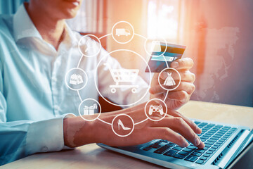Customer open hologram graphic interface controlling device choosing online platform. Smart...