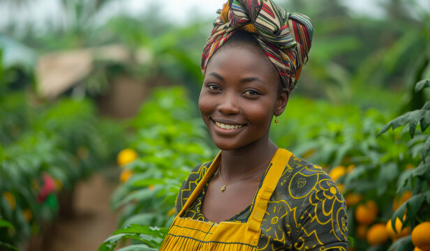 A woman wearing a colorful scarf and a yellow apron stands in front of a field of oranges