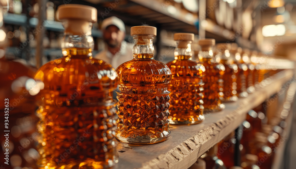 Poster a row of liquor bottles on a shelf. the bottles are all the same size and shape, and they are all br