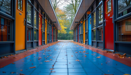Fototapeta premium A hallway with many doors and windows. The hallway is mostly blue and red