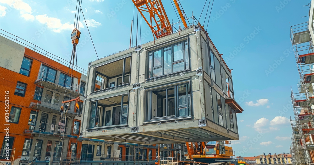 Poster a crane is lifting a building made of concrete blocks. the building is made up of two sections, and 