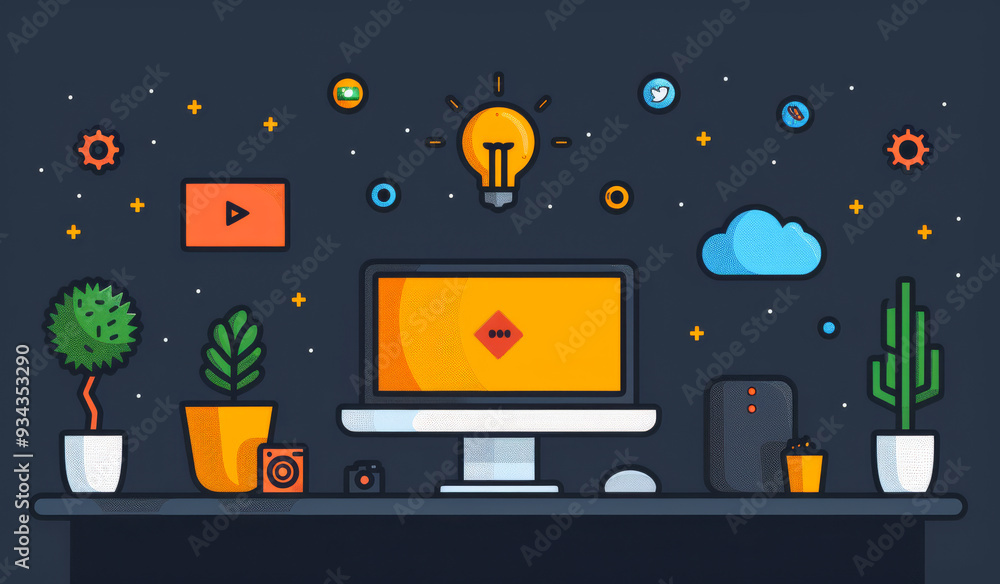 Poster a computer monitor sits on a desk with a plant and a cup. the monitor is displaying a bright light, 