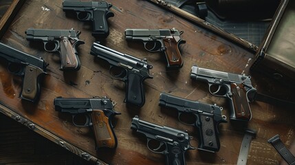 A collection of guns are laid out on a bed. The guns are of various sizes and colors, including a tan and black one. The scene is set in a room with a backpack and a handbag nearby