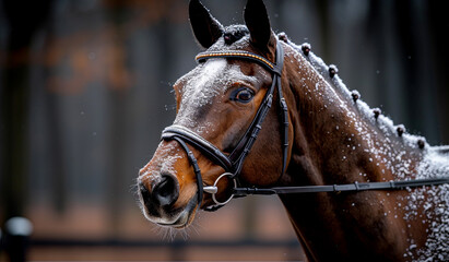 A brown horse with a white face and a black bridle. The horse is covered in snow