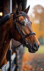 Obraz premium A brown horse with a black bridle is looking at the camera. The horse is standing in a barn with a wooden fence