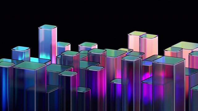 Abstract animation, geometric design with colorful glass blocks, 4k looping video, 3d render