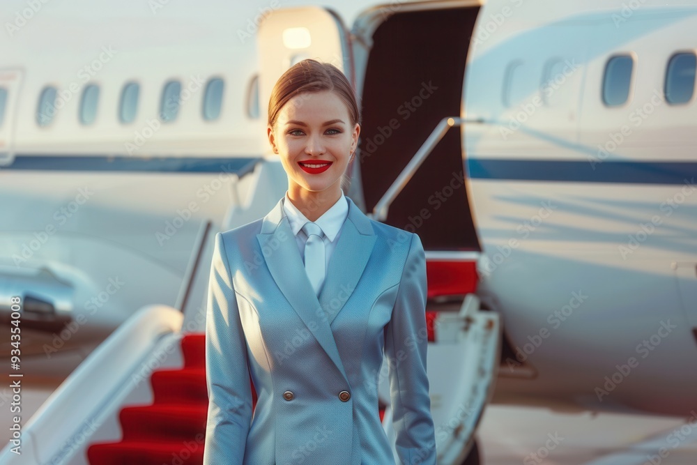 Poster a flight attendant stands confidently at the steps of a private jet, ready to assist passengers with