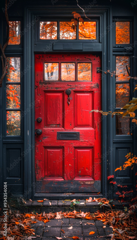 Poster a red door with a black handle sits in front of a house. the door is open and the leaves on the grou