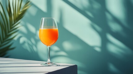 Elegant wine glass with rose-colored beverage set against a teal background