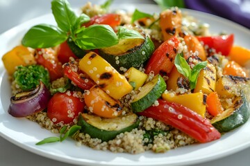 A Beautifully Plated Dish Of Grilled Vegetables With A Side Of Quinoa, Dressed With A Lemon-tahini Sauce, Served On A White Plate, Food Photography, Food Menu Style Photo Image
