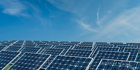 Solar panel field on a sunny day with blue sky and light clouds, 3d illustration