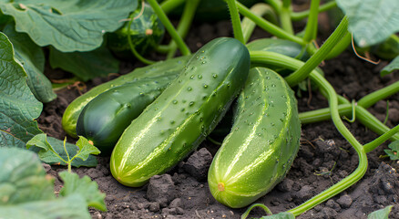 Obraz premium Ripe cucumbers are ready to harvest in the organic greenhouse. Cucumbers growing on bushes. The concept of growing vegetables.