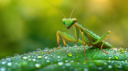 Fototapeta premium Close-Up of a Green Praying Mantis on a Dew-Covered Leaf in Nature - Detailed Wildlife Photography with Bokeh Background
