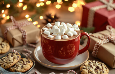 Uma mesa com presentes embrulhados, chocolate quente em uma caneca vermelha e marshmallows ao lado, biscoitos em um prato. Luzes de Natal 