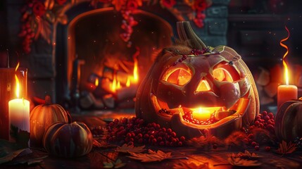 Naklejka premium Smiling jack-o-lantern with glowing candlestick, surrounded by candles, and warm fireplace 