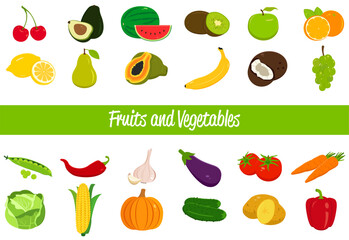 Food icons set. Fruits and Vegetables icons. Modern flat design. Vector illustration