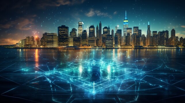 New york city cybersecurity  holographic hud of buildings with lock circuit symbolizing privacy