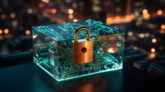 New york city skyscrapers with cybersecurity hud hologram and lock circuit, ensuring privacy - Powered by Adobe