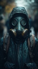 A man wearing a gas mask and jacket with hood up, AI