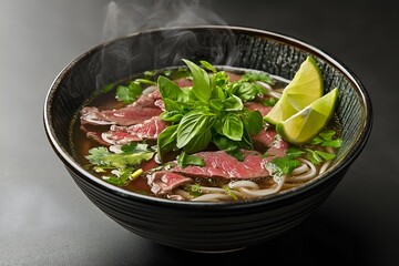 A Large Bowl Of Pho With Steaming Broth, Thinly Sliced Beef, Rice Noodles, And Fresh Herbs Like Basil And Cilantro, Served With Lime Wedges, Food Photography, Food Menu Style Photo Image
