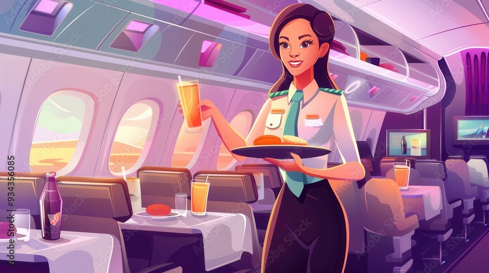 Poster a flight attendant serves food and beverages to passengers on a plane as the sun sets outside the wi