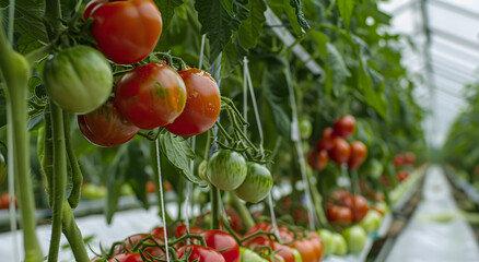 Ripe tomatoes ready to harvest in the organic greenhouse. Tomatoes growing on bushes. The concept of growing vegetables.