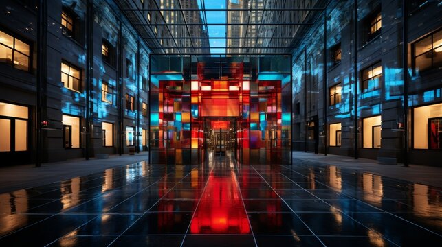 New york city skyscrapers with cybersecurity hud hologram and locked circuit, ensuring privacy