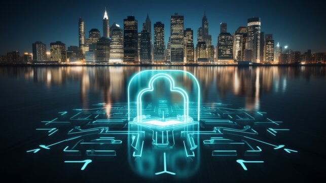 Cybersecurity hud hologram safeguards privacy of new york city buildings with advanced protection
