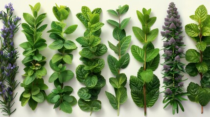 Obraz premium Exploring Freshly Harvested Aromatic Herbs Displayed Beautifully on a Neutral Background