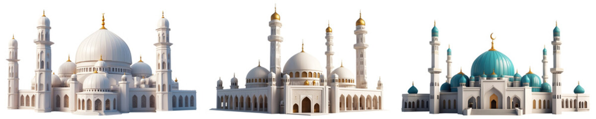 Fototapeta premium Set of Realistic Mosque with Islamic architecture isolated on a transparent background