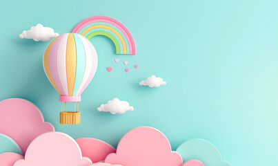 rainbow, landscape, sky, hot air balloon, background, children, fairy tale, cloud, balloon, children's day, pastel,