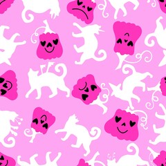 Halloween animals seamless cats and pumpkins pattern for wrapping paper