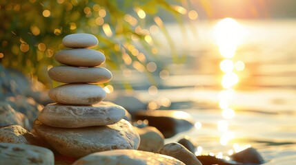 Obraz premium A stack of smooth, grey stones sits on a rocky shore with a blurry background of golden sunlight reflecting off the water.