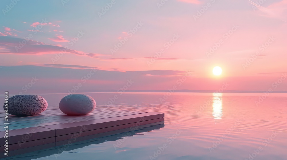 Wall mural Two round stone objects on a wooden platform in the water, with a pink sunset in the background.