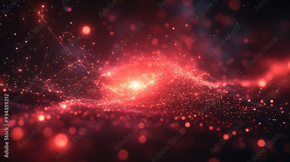 Poster abstract red and black background with glowing particles and lines.
