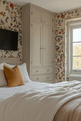 Cozy bedroom with floral wallpaper and warm accents near a sunny window