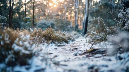 A snowy forest path with sunlight filtering through the trees, casting a warm glow on the snow-covered ground.