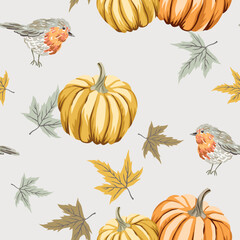 Autumn yellow, orange pumpkins, maple leaves, robin birds, light gray background. Vector seamless pattern. Fall season illustration. Garden nature design