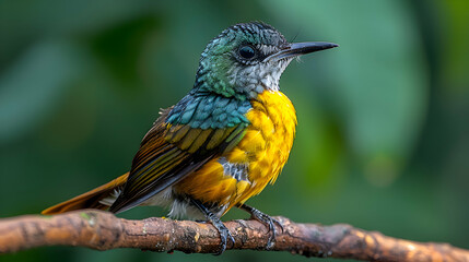 Fototapeta premium Amazon Buff-throated Saltator perched on a branch, its distinctive plumage