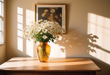 Daisy flowers bouquet in orange vase on white wooden coffee table near turquoise wall backgroun. Daisy flowers bouquet in orange vase on white wooden coffee table near turquoise wall backgroun.