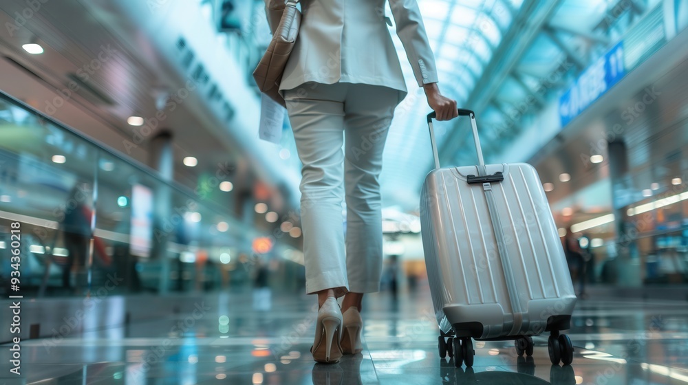 Poster a flight attendant strolls through a bustling airport terminal, pulling a suitcase and dressed in a 