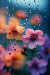 Orange flowers behind a rain-covered window in a vibrant garden