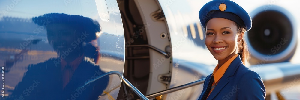 Poster a flight attendant stands by the entrance of a private jet, smiling warmly as passengers prepare to 