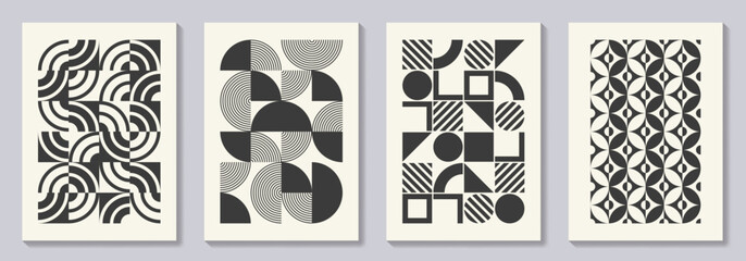 Retro set of black and white geometric vector pattern minimal posters with 20s geometric design. Trendy bauhaus pattern background for cover design, poster and interior.