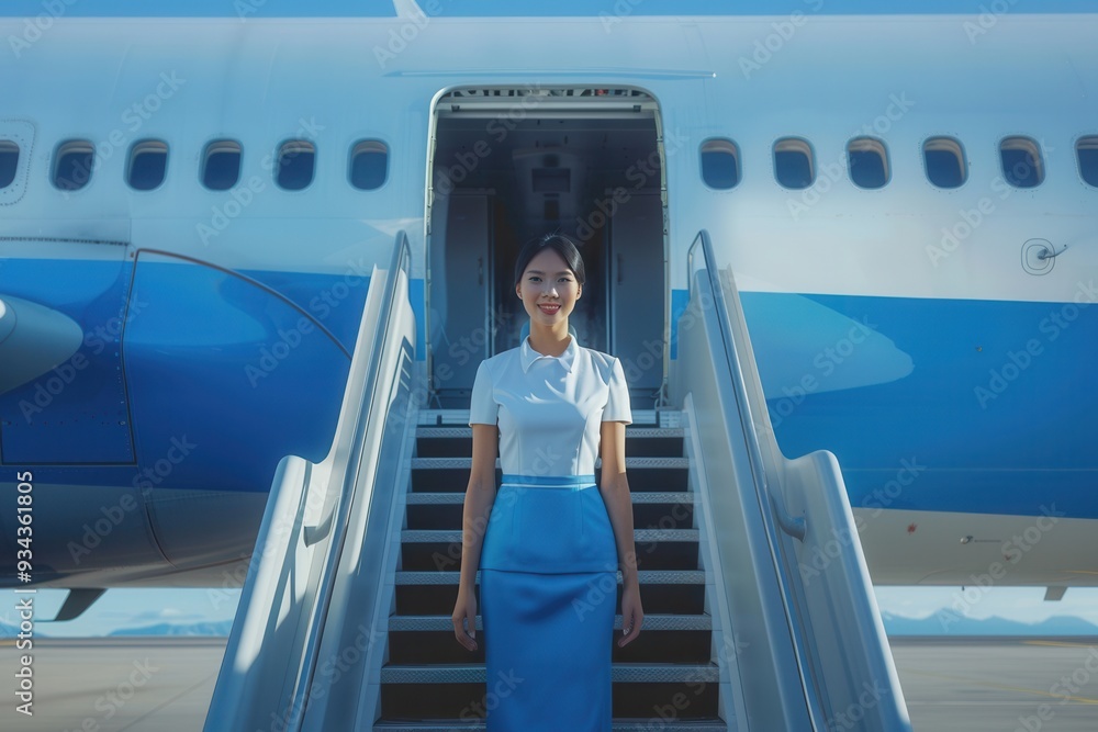 Aufkleber A friendly flight attendant stands on the steps of a plane, ready to greet passengers as they board for their journey. Generative AI