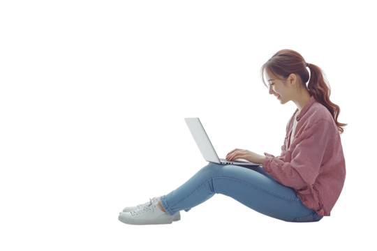 happy young woman with casual clothes sitting working on laptop isolated on transparent background