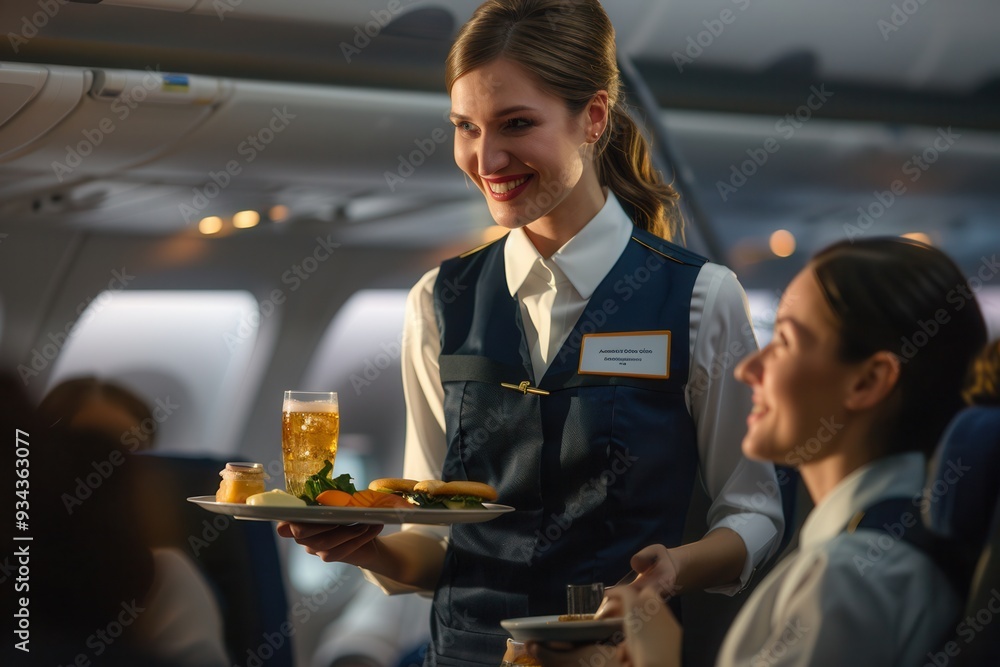 Aufkleber A flight attendant smiles while serving a meal and a drink to passengers during a flight at a high altitude. Generative AI
