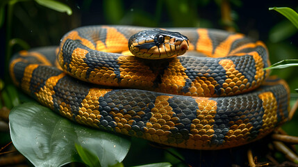 Fototapeta premium Amazon Bushmaster Snake coiled in the underbrush, its scales and body texture
